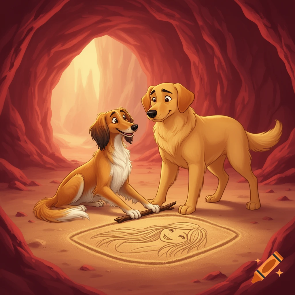 Two cartoon dogs in a red cave, one drawing a girl's face in the sand with a stick.