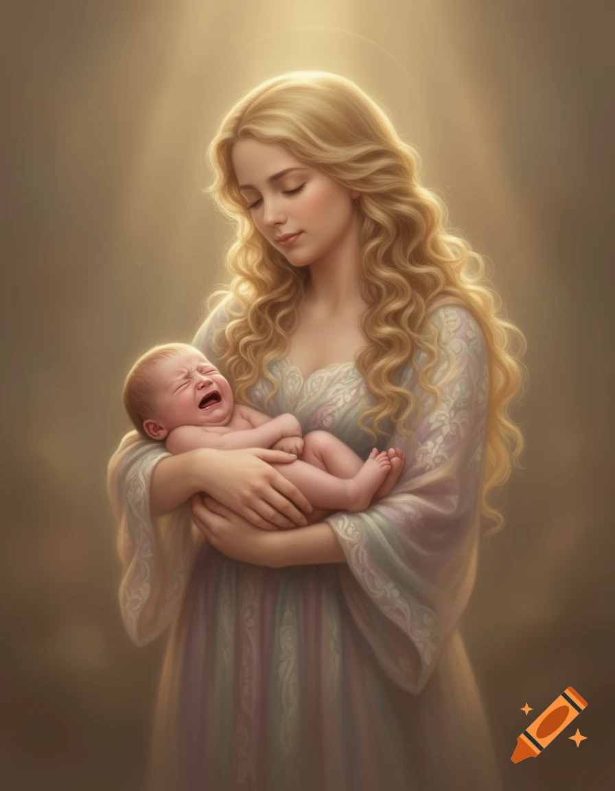 Stylized digital art of a serene blonde woman in a flowing dress holding a crying newborn baby under warm, soft light.