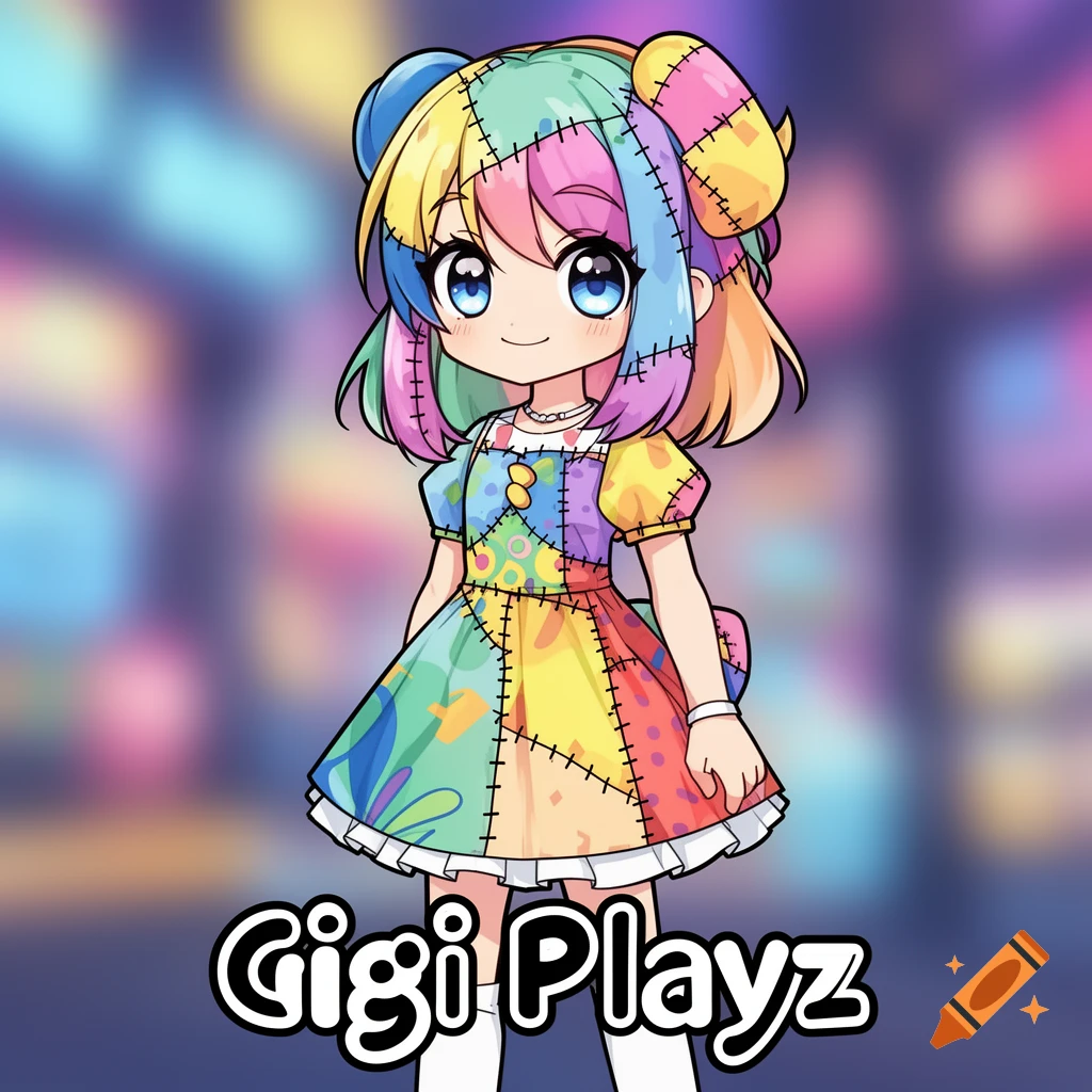 A cute anime girl character with multicolored patchwork hair and dress, standing and smiling, with "Gigi Playz" text at the bottom.