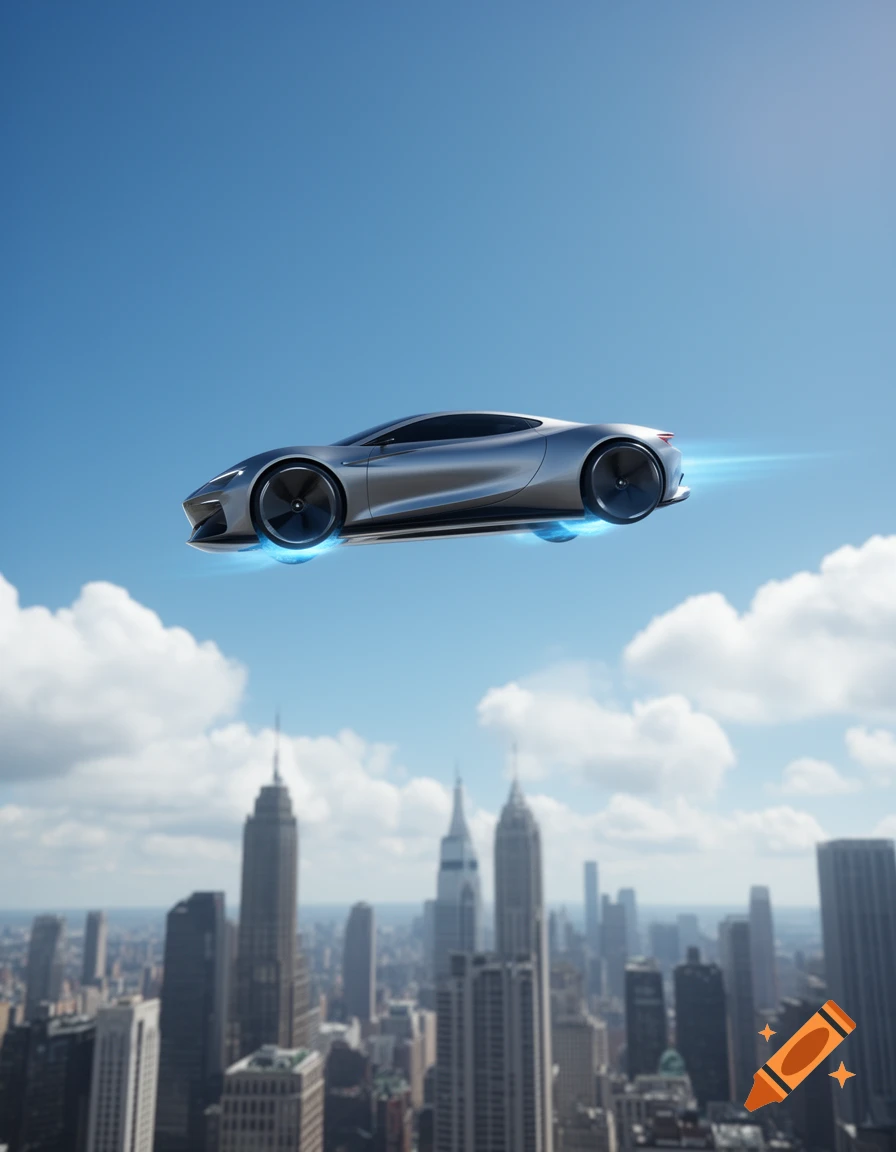 A sleek silver flying car hovers above a blurred cityscape on a clear day.