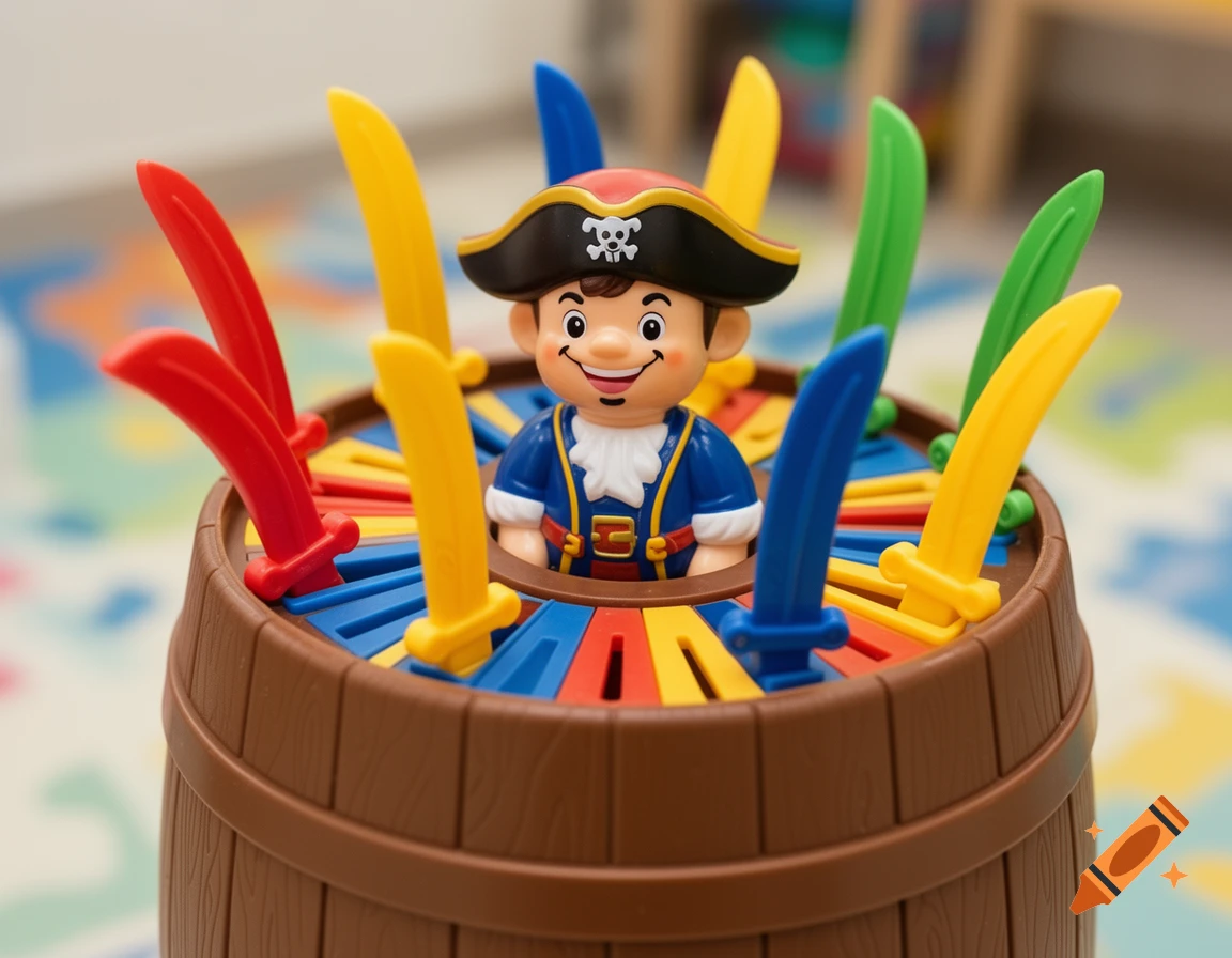 Close-up of a Pop-Up Pirate game with a smiling plastic pirate in a brown barrel and colorful plastic swords.