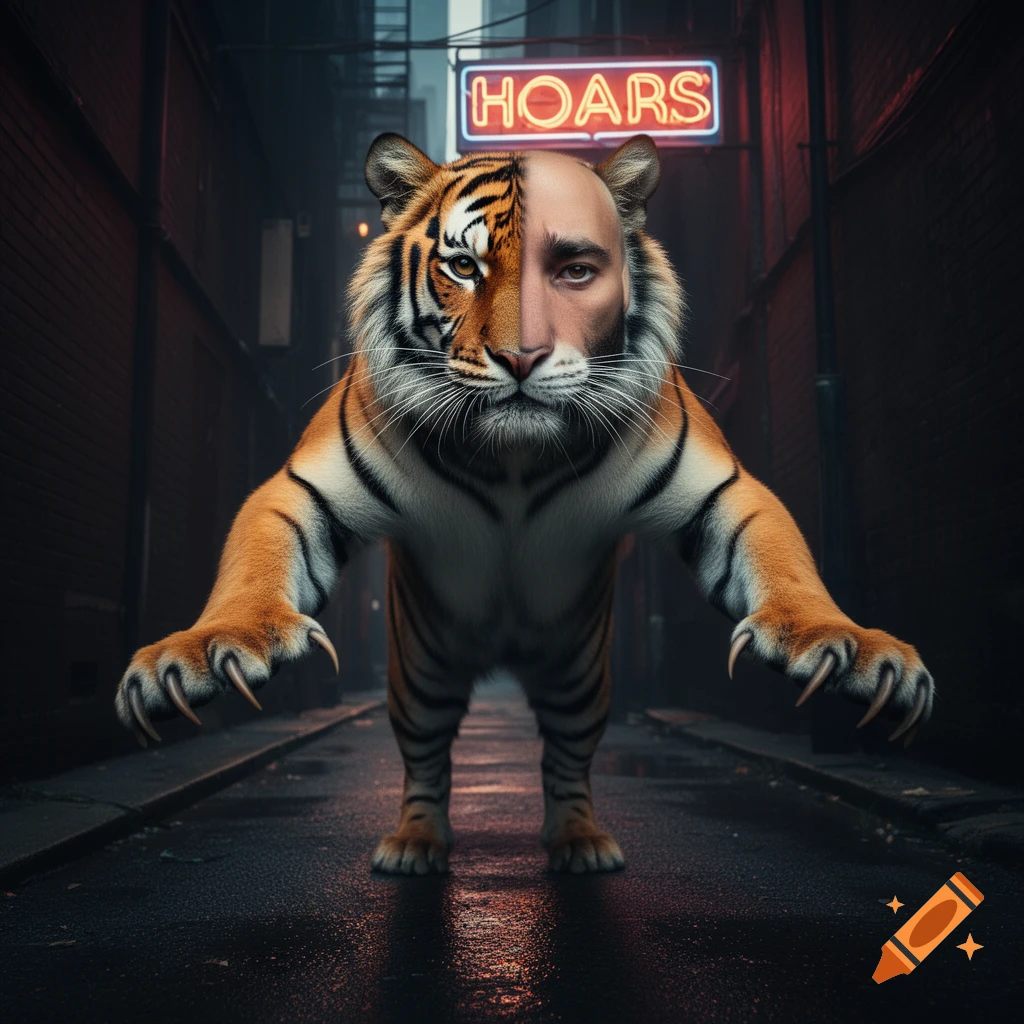 A man partially transformed into a tiger stands in a dark alley beneath a neon "HOARS" sign.