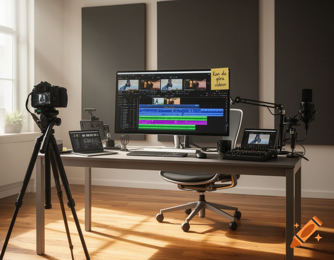 A video production workstation with a camera on a tripod, a large monitor showing editing software, a laptop, microphone, and audio mixer on a desk.
