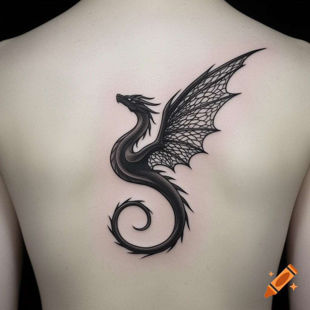 A black stylized dragon tattoo on a person's upper back, with intricate webbed wings and a coiled tail.