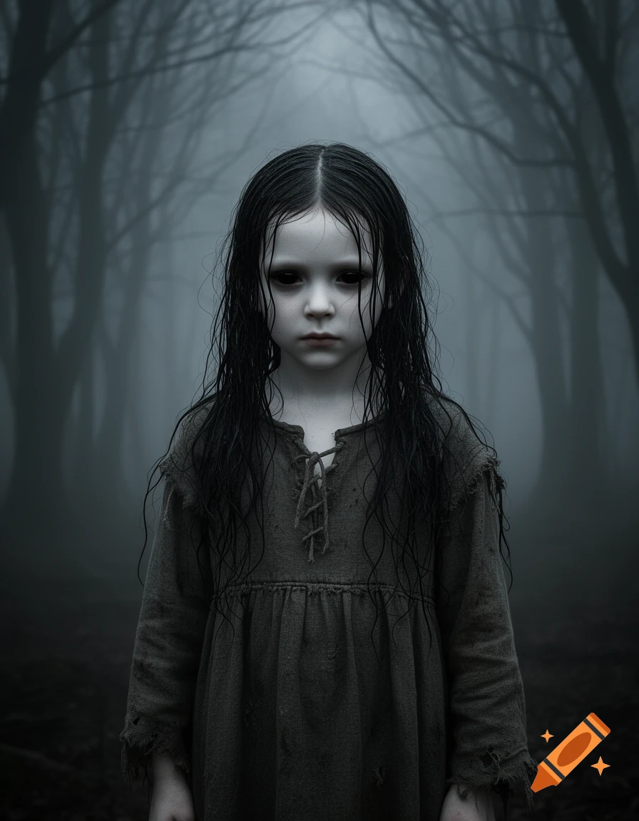 A pale child with long black wet hair and pitch-black eyes stands in a dark, foggy forest, wearing tattered peasant clothes.