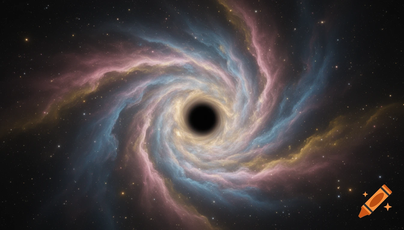 A black hole at the center of a swirling, colorful nebula in deep space, surrounded by stars.