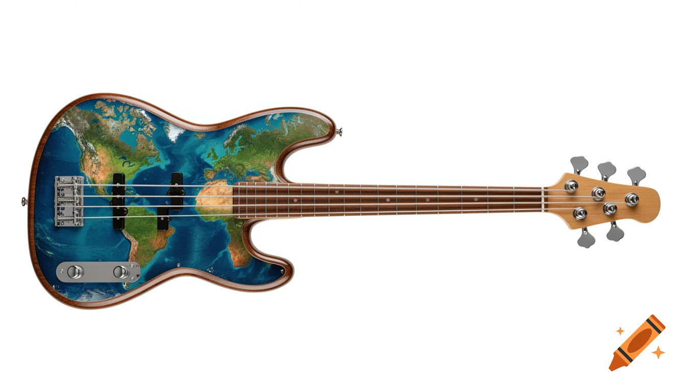 Photorealistic image of a four-string bass guitar lying horizontally, with its body featuring a detailed map of the Earth.