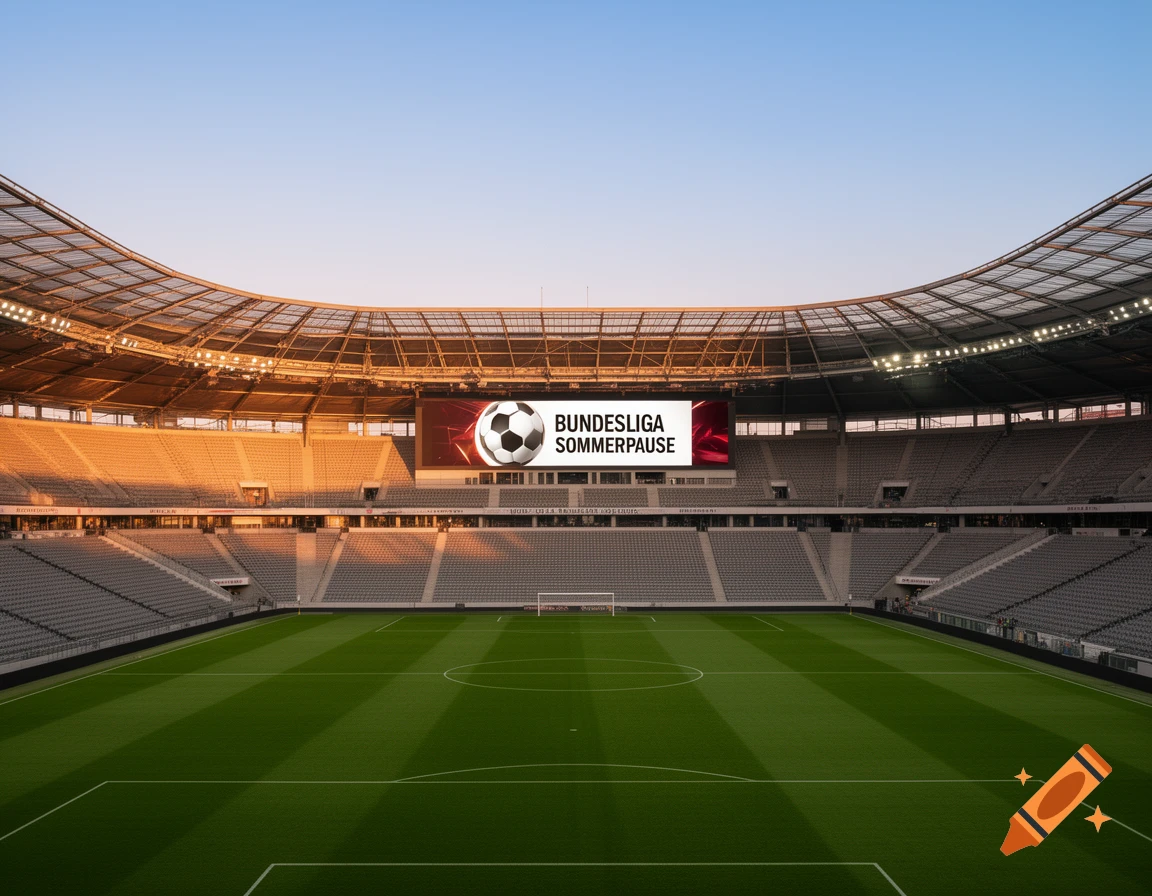 A photorealistic wide shot of an empty modern football stadium with green grass and grey seats. A large screen displays "BUNDESLIGA SOMMERPAUSE" and a soccer ball logo under a clear sky.