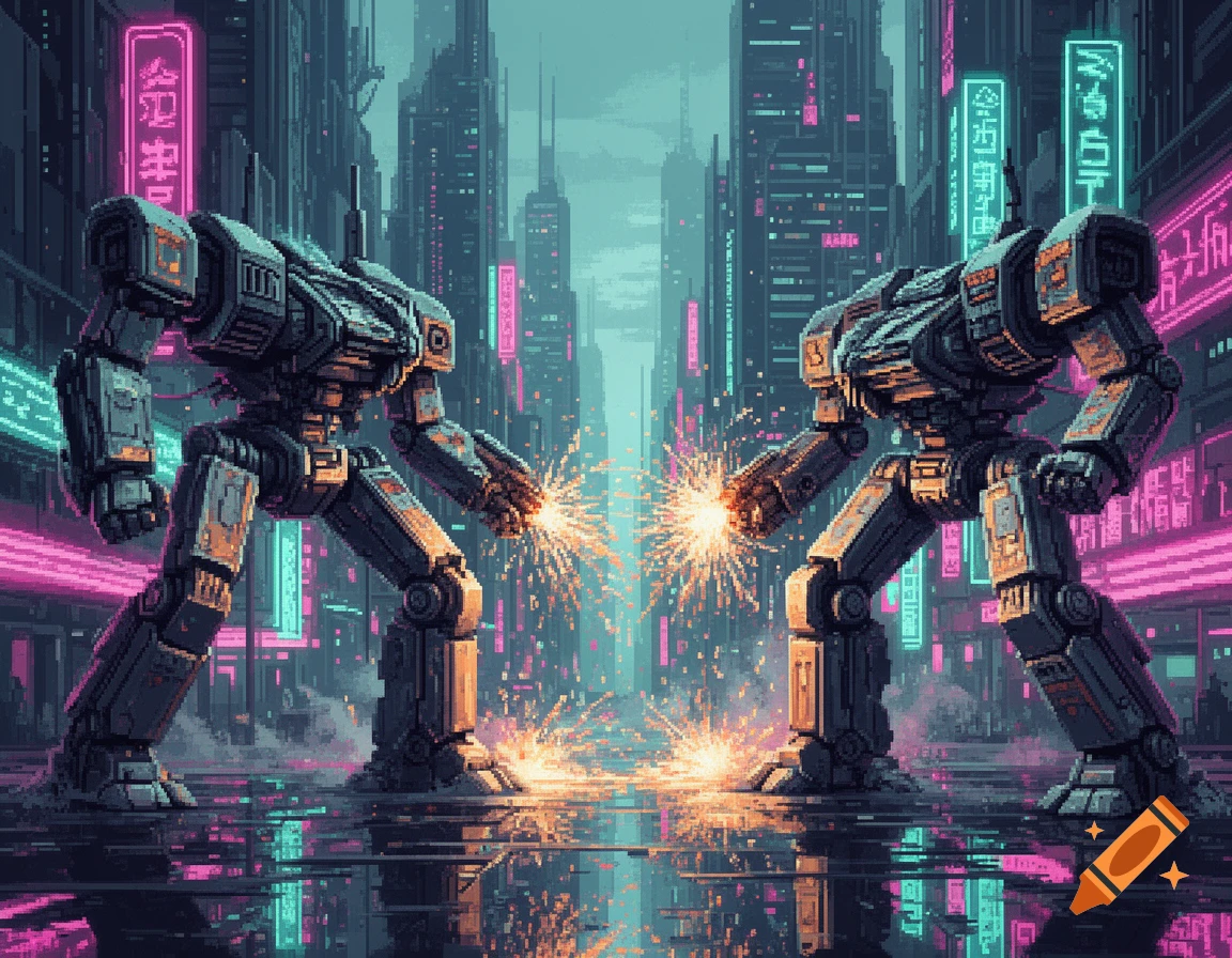 Two pixel art mechs battle with sparks flying in a neon-lit cyberpunk city, rendered in a 90s 16-bit retro future aesthetic.