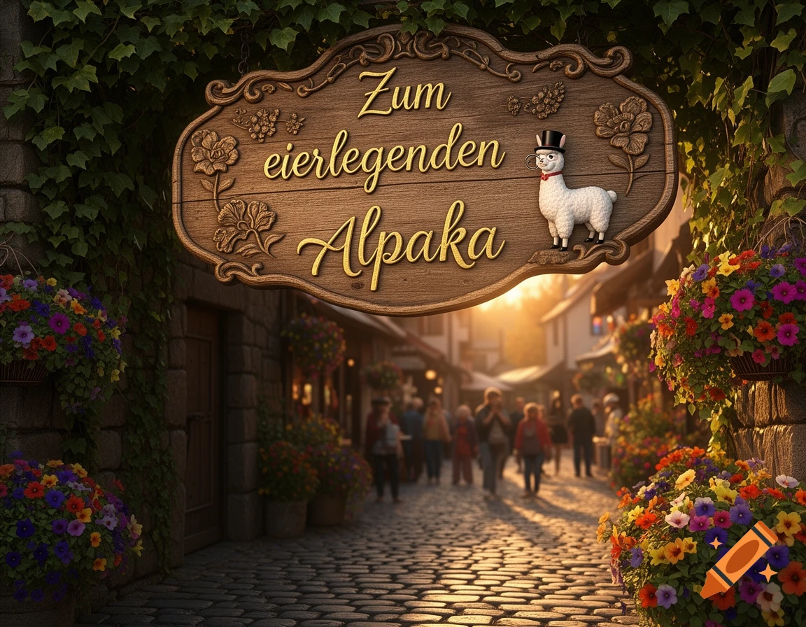 A charming wooden sign for 'Zum eierlegenden Alpaka' with a cartoon llama wearing a top hat hangs above a cobblestone street overflowing with vibrant flowers and ivy, leading to a sunlit path with people.