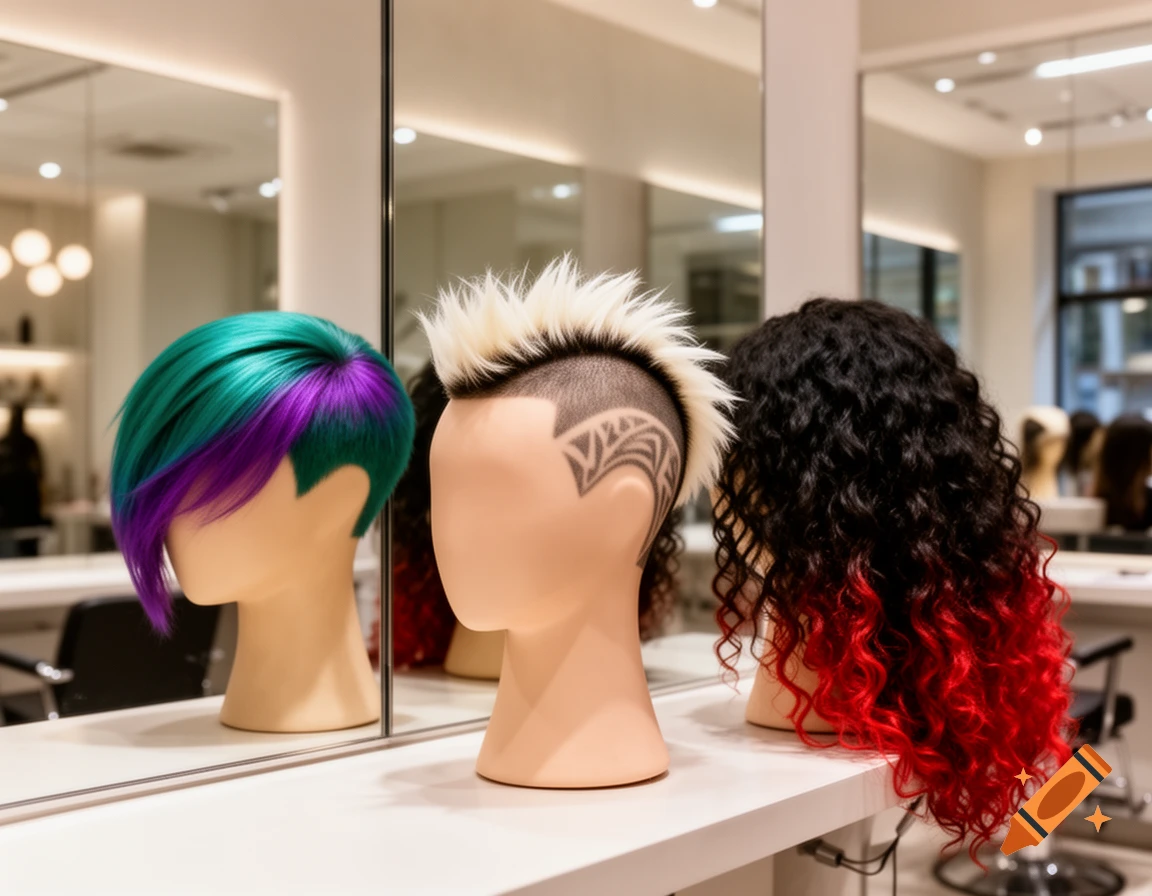 Three mannequin heads in a salon display diverse hairstyles: green and purple, white spiky with shaved design, and black and red curly.