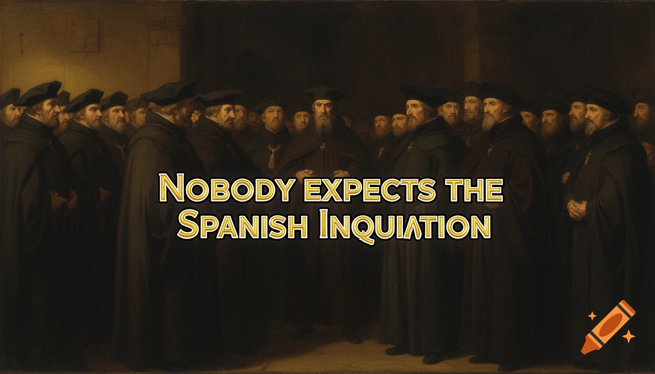 A dark classical oil painting of men in period cloaks, with the meme text 'NOBODY EXPECTS THE SPANISH INQUISITION' across the middle.