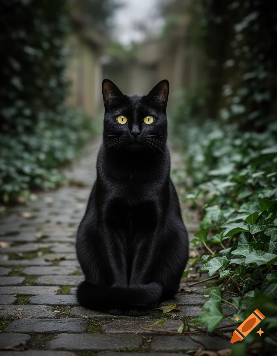 Photorealistic image of a sleek black cat with bright yellow eyes ...