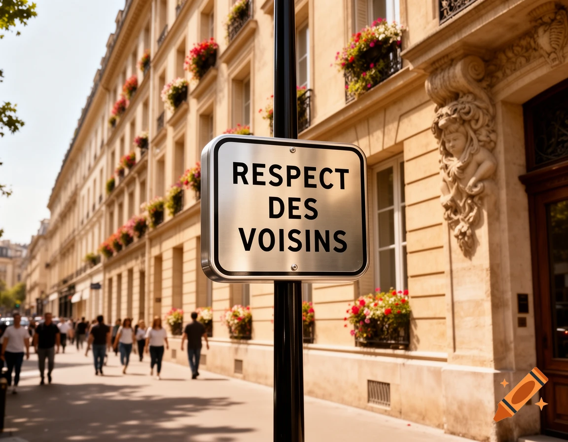 A street sign reading 'RESPECT DES VOISINS' in a European city with people walking past ornate buildings with flower boxes.