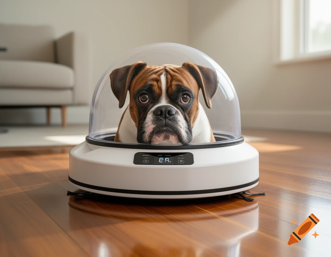 A serious-looking boxer dog peers out from under a clear dome of a white robot vacuum cleaner on a wooden floor in a bright room.