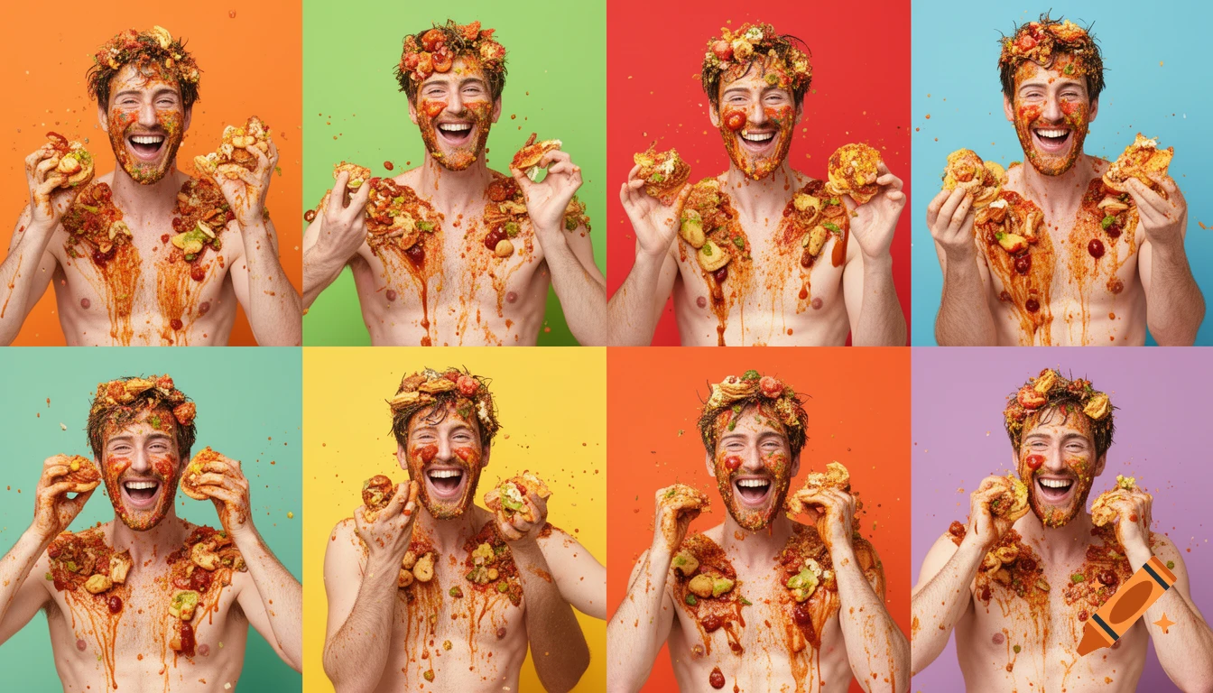 Eight shirtless men covered in messy food, laughing gleefully against various colored backgrounds in a split screen.
