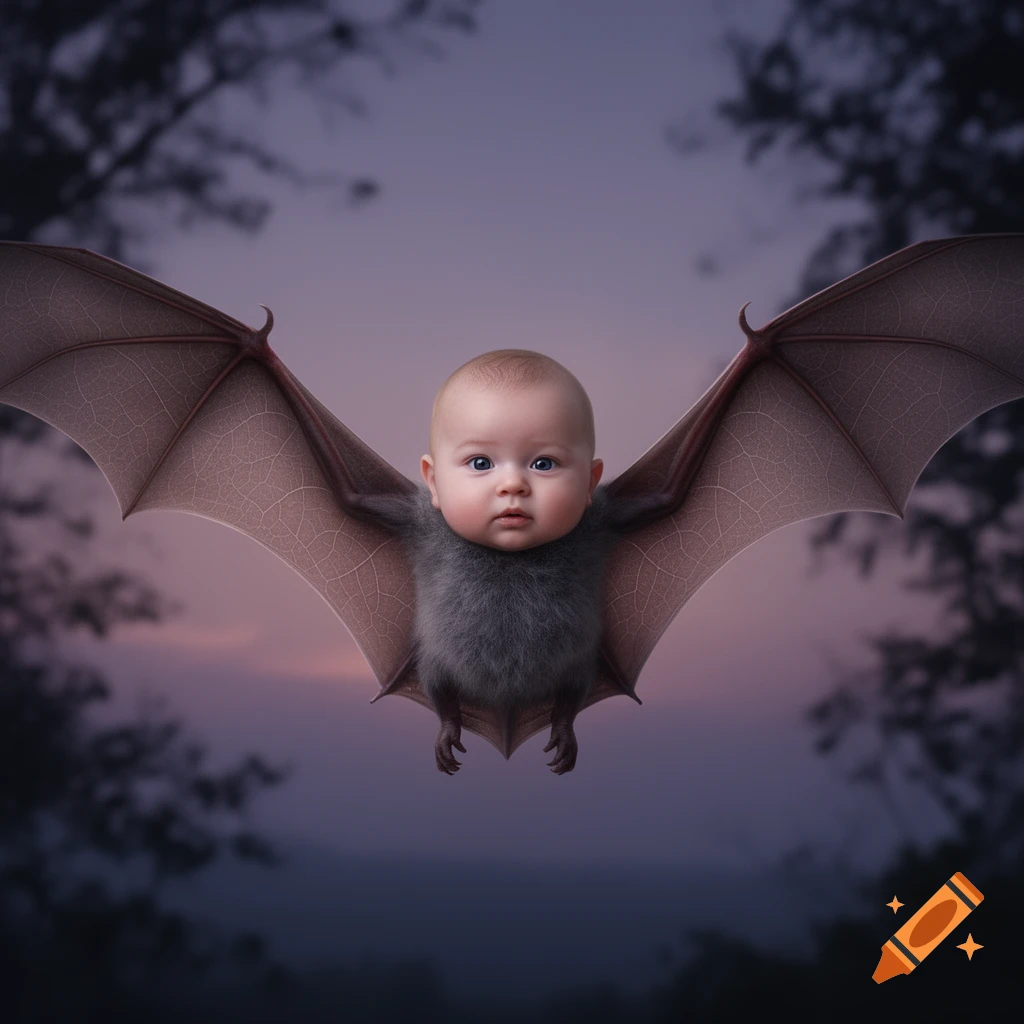A cute, photorealistic baby with a furry bat body and large wings flies against a blurred twilight sky and silhouetted trees.