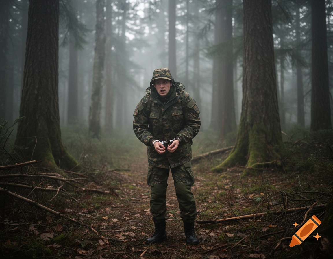 A person in a camouflage uniform is handcuffed and stands in a dark, foggy forest with tall trees.