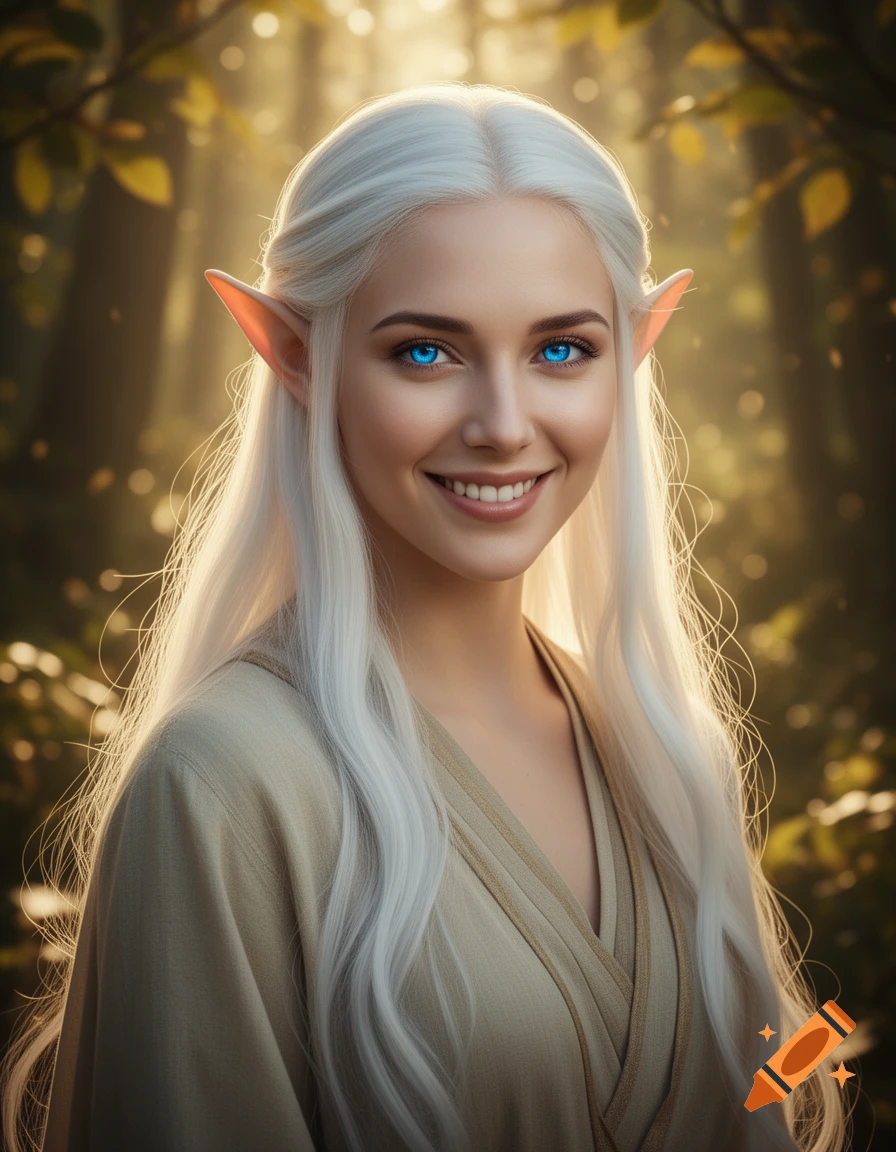 A smiling female elf with long white hair and bright blue eyes, wearing a simple tunic, stands in a sun-dappled forest.