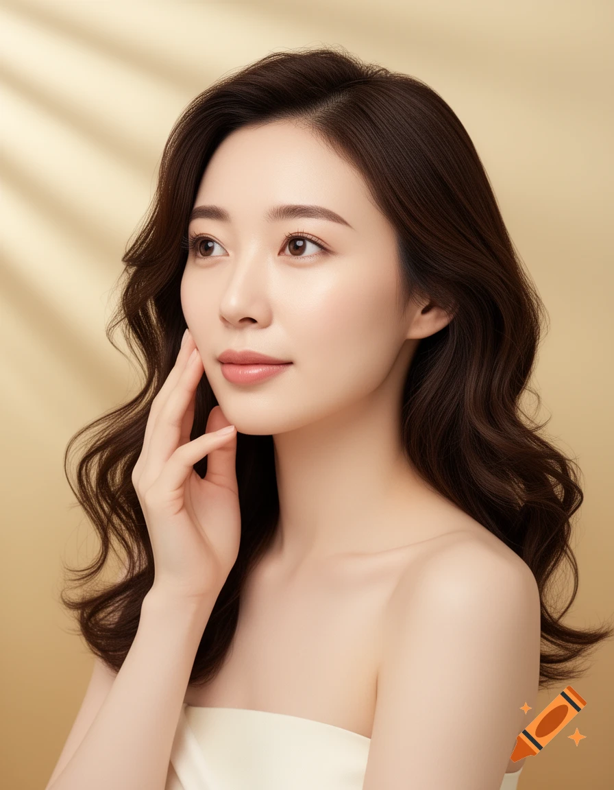 Elegant Japanese woman with dark wavy hair lightly touches her cheek, set against a warm golden background, in a photorealistic style.