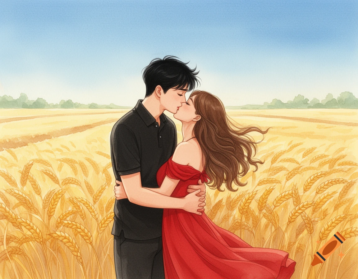 A romantic illustration of a couple kissing in a golden wheat field under a clear blue sky.