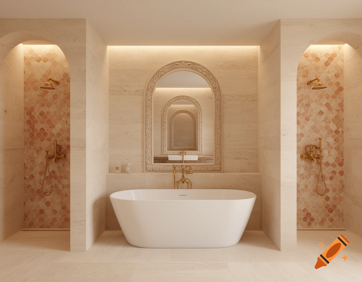A luxurious Modern Mediterranean primary bathroom with travertine walls, zellige tile showers, a freestanding tub, and an arched mirror.