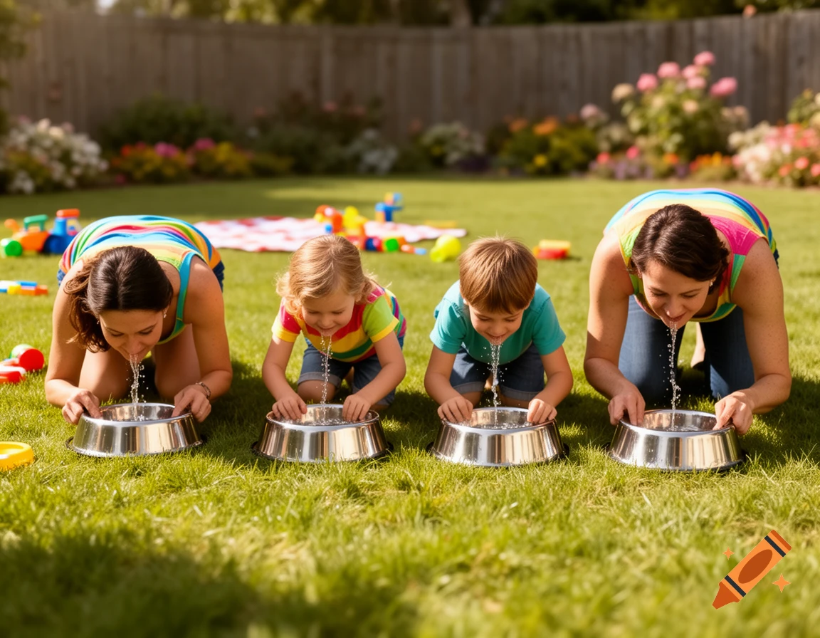 Two adults and two children playfully drink water from metal bowls on a sunny green lawn in a backyard.