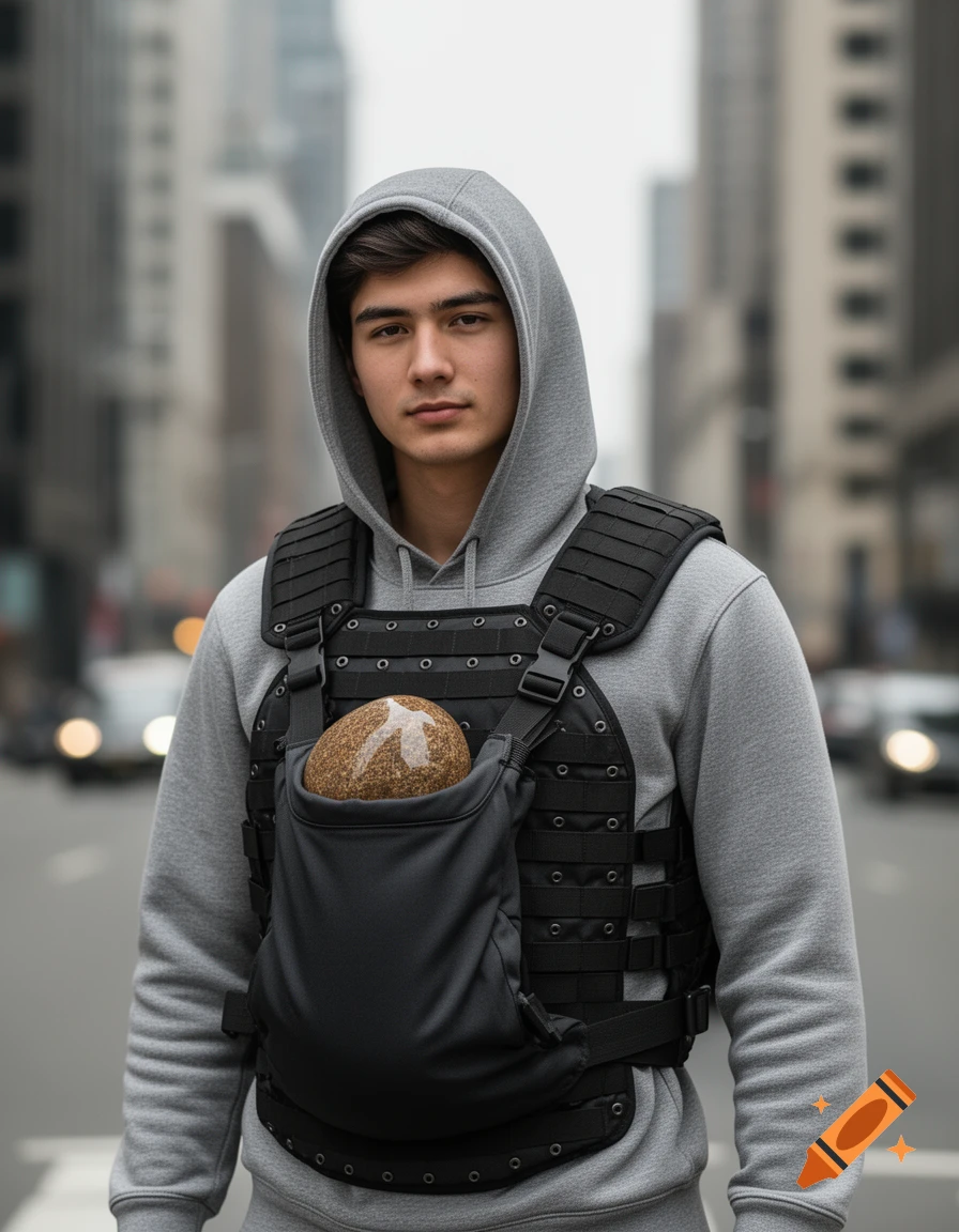 Young man in a grey hoodie and tactical vest carrying a rock in a front pouch, standing on a city street.