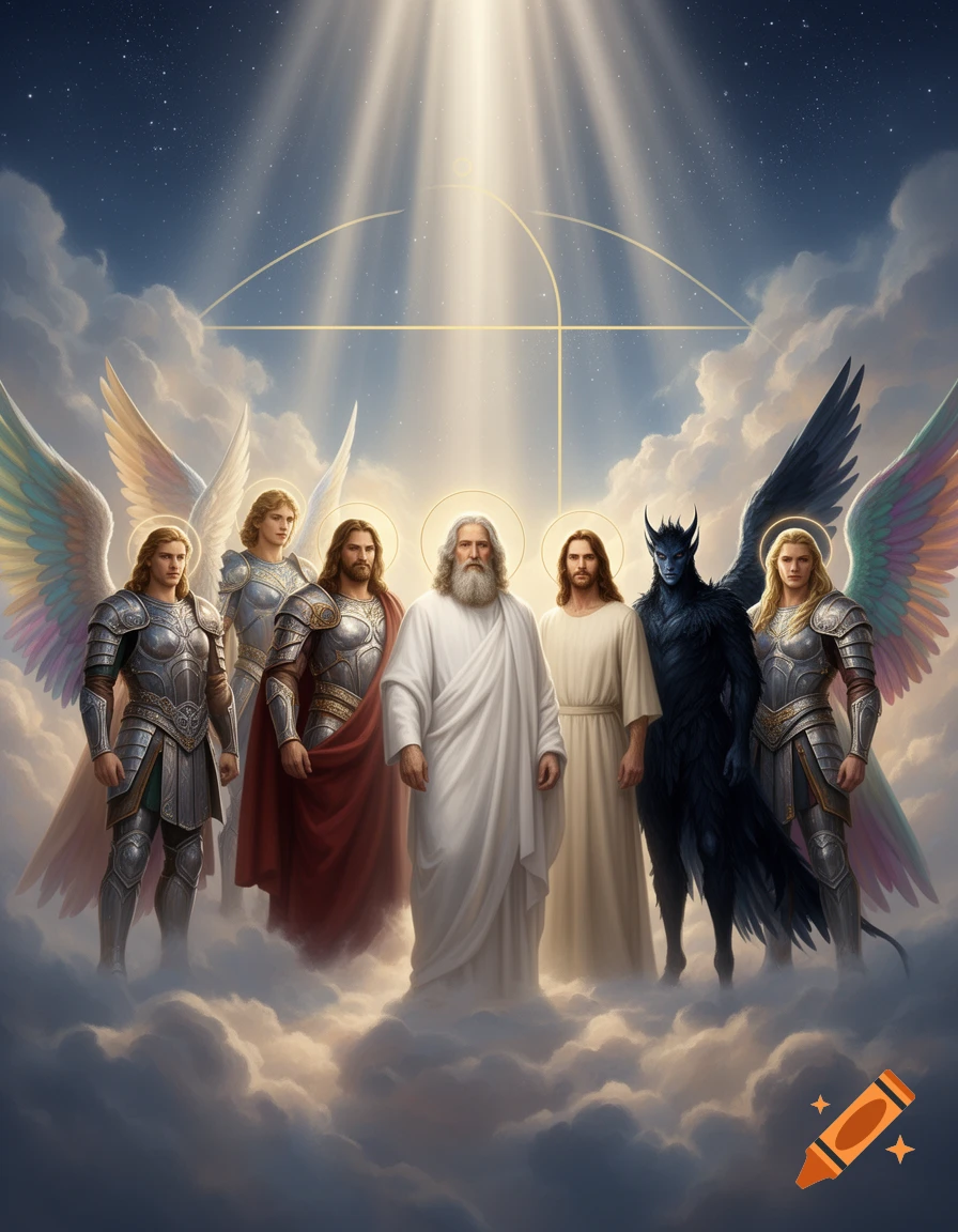 God, Jesus, Lucifer, and armored angels stand on clouds under divine light in a starry sky.