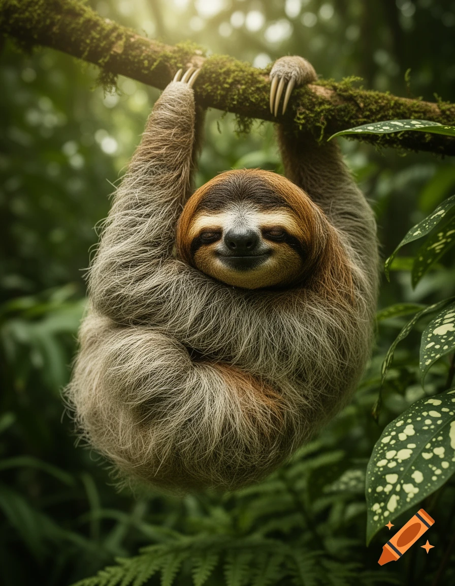 A photorealistic image of a brown and grey sloth hanging upside down from a mossy tree branch in a vibrant green jungle, smiling contentedly.