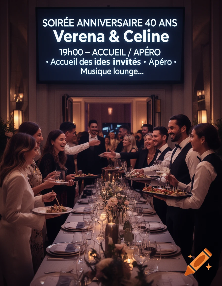 A formal party with guests and waiters around a long dining table, with an event schedule displayed on a screen above.