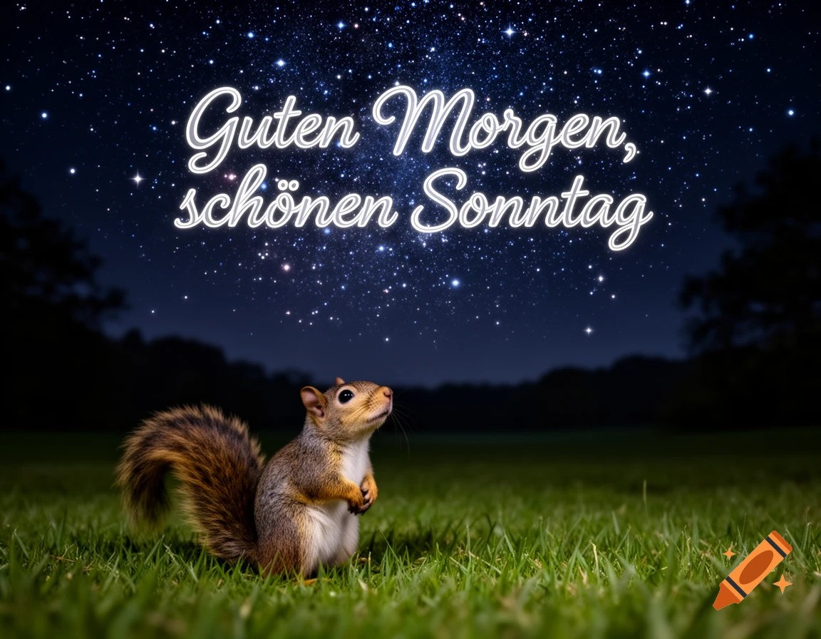 A photorealistic squirrel sits on grass, looking up at a starry night sky with glowing German text 'Guten Morgen, schönen Sonntag'.