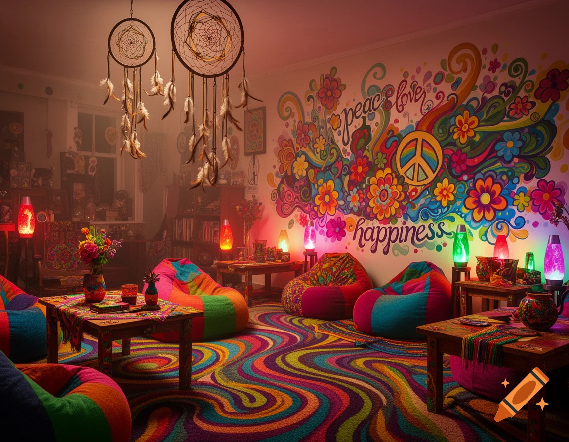 A vibrant, groovy hippie apartment with a colorful mural, patterned beanbags, lava lamps, and dream catchers hanging from the ceiling.