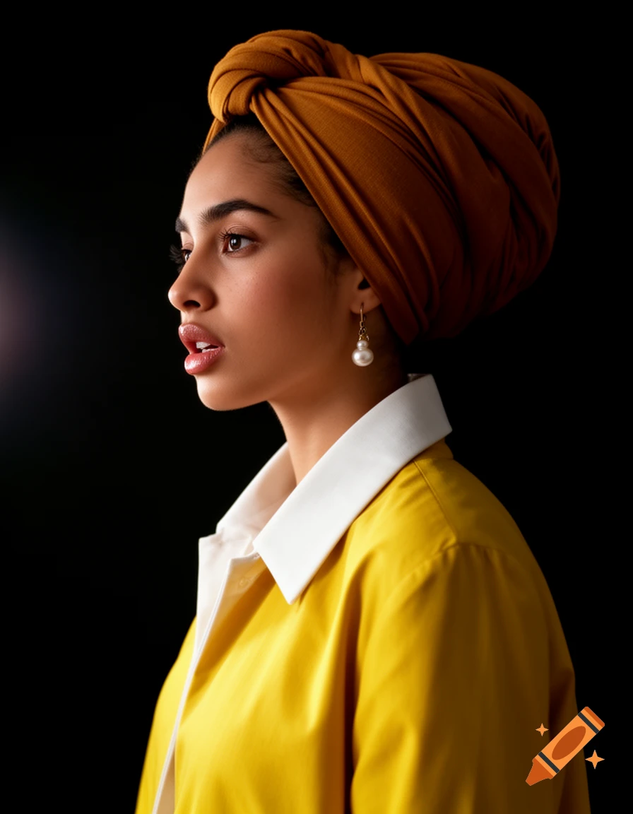 A woman in a brown turban and yellow jacket with a white collar, wearing pearl earrings, looks left against a black background.