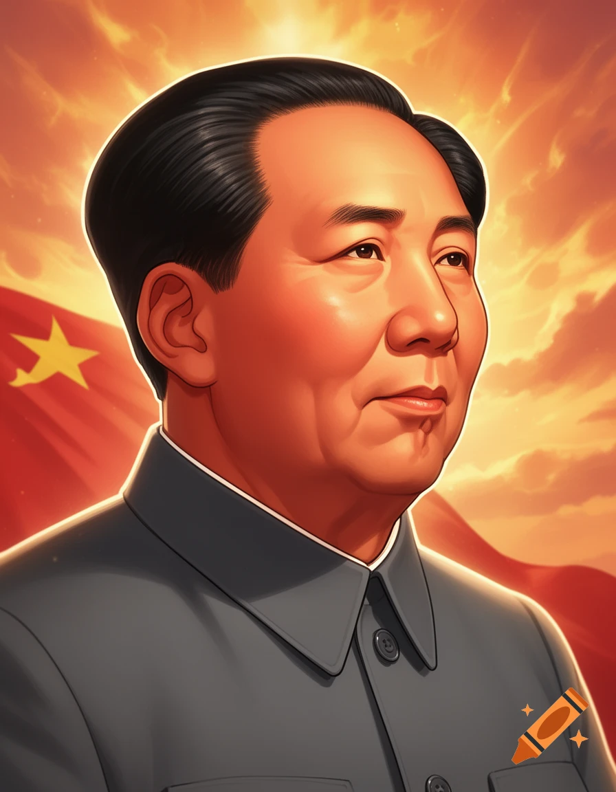 Anime style portrait of Mao Zedong in a grey uniform, looking right, with a red flag and orange sky background.
