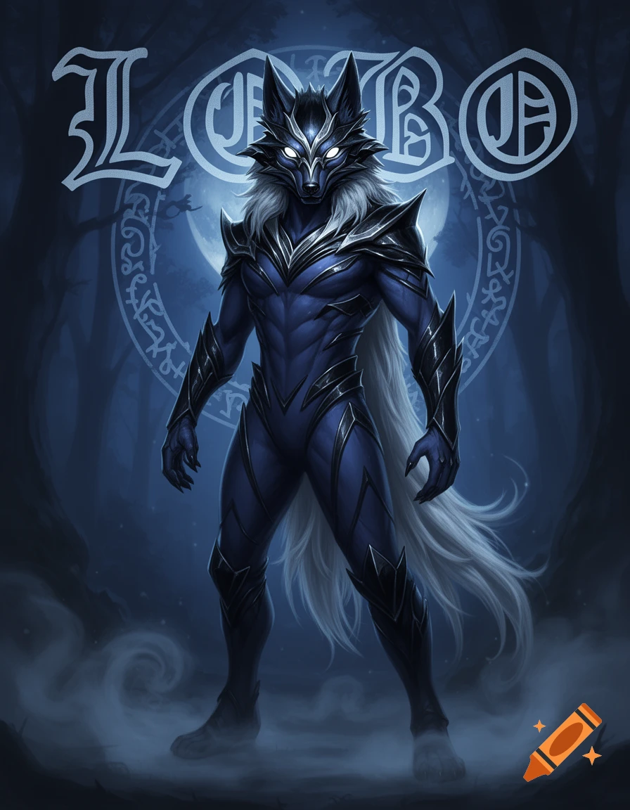 An armored wolf-like creature with glowing eyes and long white hair stands against a dark, mystical forest background with a full moon and the stylized word "LOBO".