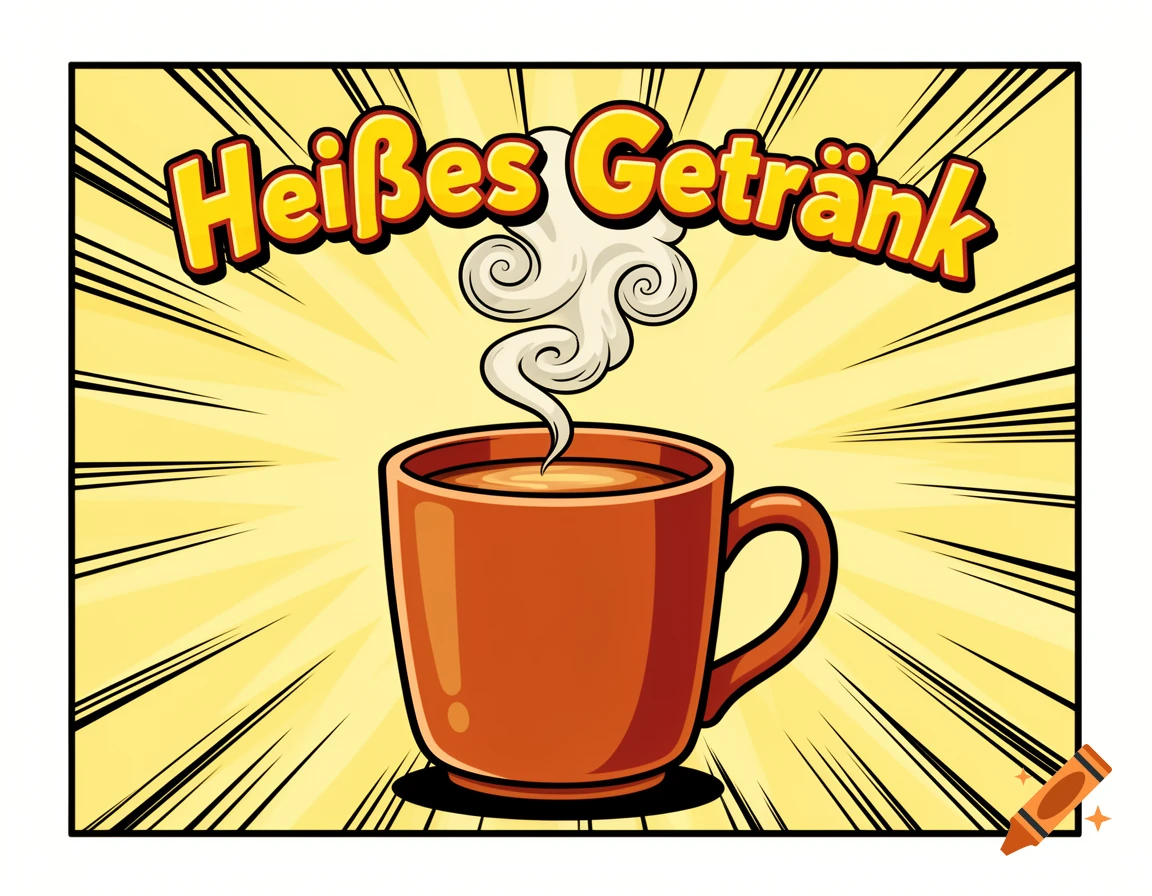 Cartoon hot beverage in an orange mug with steam and 'Heißes Getränk' text, on a yellow comic background.