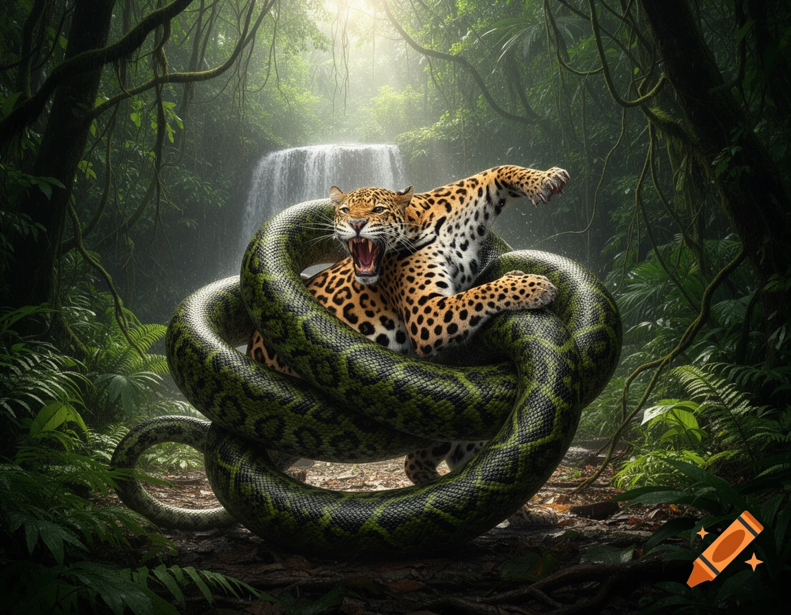 A photorealistic image of a snarling jaguar fighting an anaconda, entangled in its coils in a lush rainforest with a waterfall.