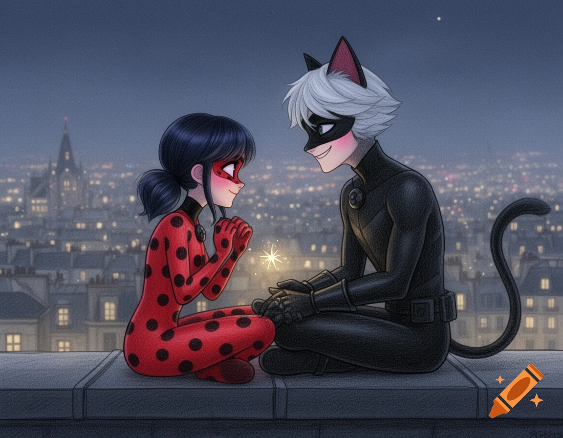 Animated illustration of Ladybug and Cat Noir holding hands on a rooftop overlooking a city at night.