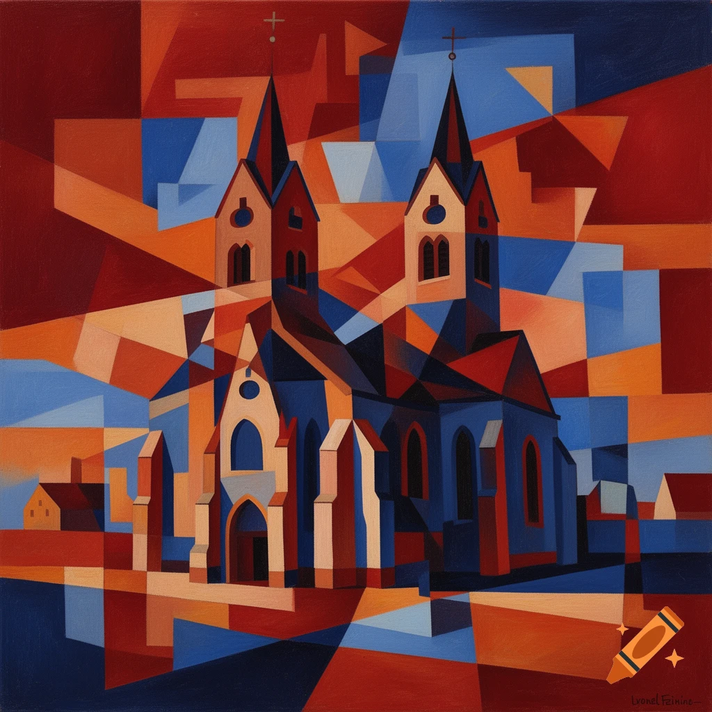 Cubist painting of a church with two prominent spires, composed of geometric planes in shades of red, orange, and blue.