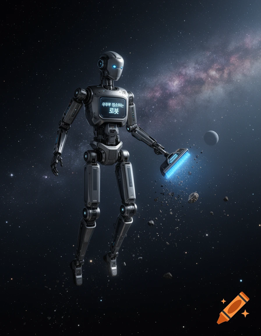 A silver and black robot floats in space, holding a glowing blue brush and cleaning floating debris, with a galaxy in the background.