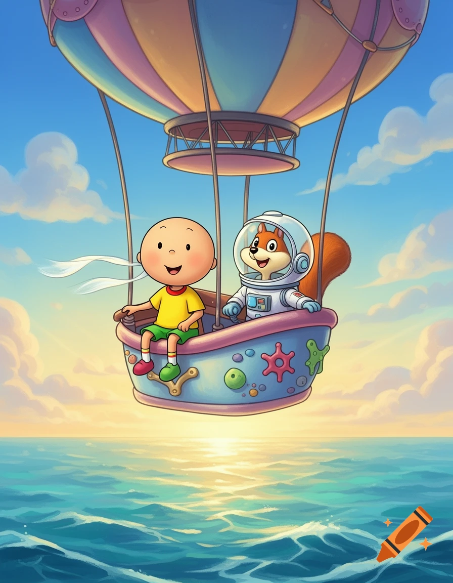 Caillou and a squirrel in an astronaut suit ride in a colorful hot air balloon over a sunlit ocean.