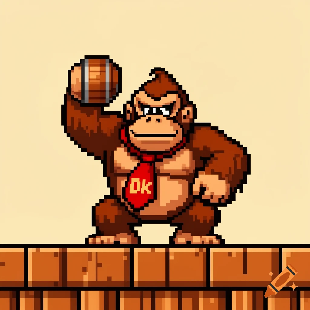 Pixel art depiction of Donkey Kong, a brown gorilla wearing a red tie with 'DK' on it, holding a barrel above his head, standing on a wooden platform.