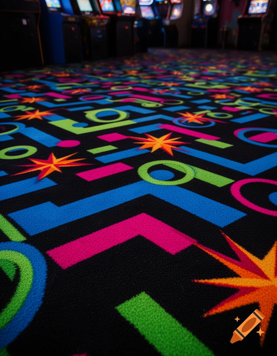 Vibrant, patterned arcade carpet with neon geometric shapes and starbursts, with blurred arcade machines in the background.