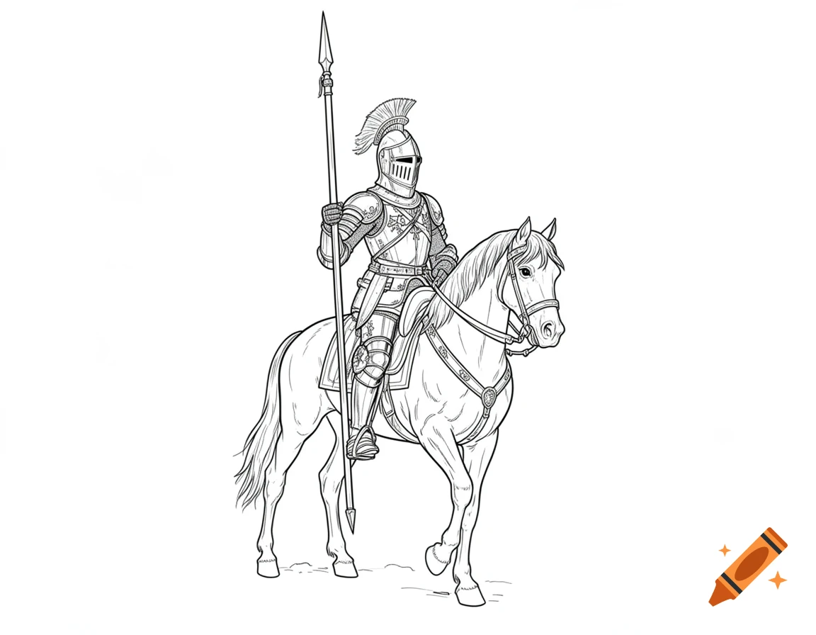 A black and white line drawing of a 13th-century crusader knight in full armor, holding a lance, riding a horse.