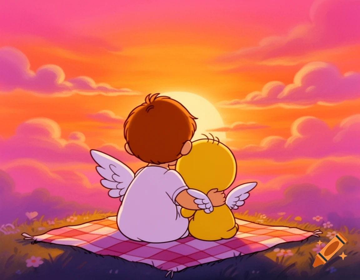 A 90s cartoon-style angel cupid and a yellow bird with wings sitting on a blanket, embracing while watching a vibrant sunset.