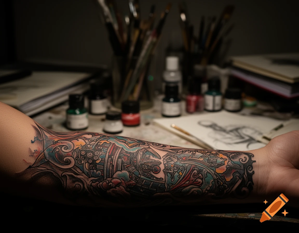Close-up of a person's forearm adorned with a colorful, intricate tattoo in an art studio setting.