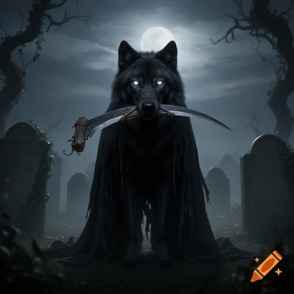 A black wolf with glowing eyes, wearing a tattered cloak, stands in a misty cemetery under a full moon, holding a scythe in its mouth.