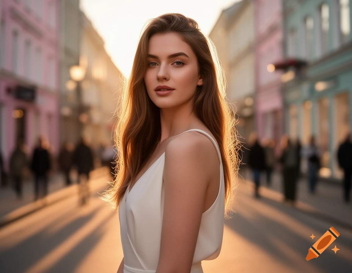 A young woman with long brown hair and a white dress stands on a city ...