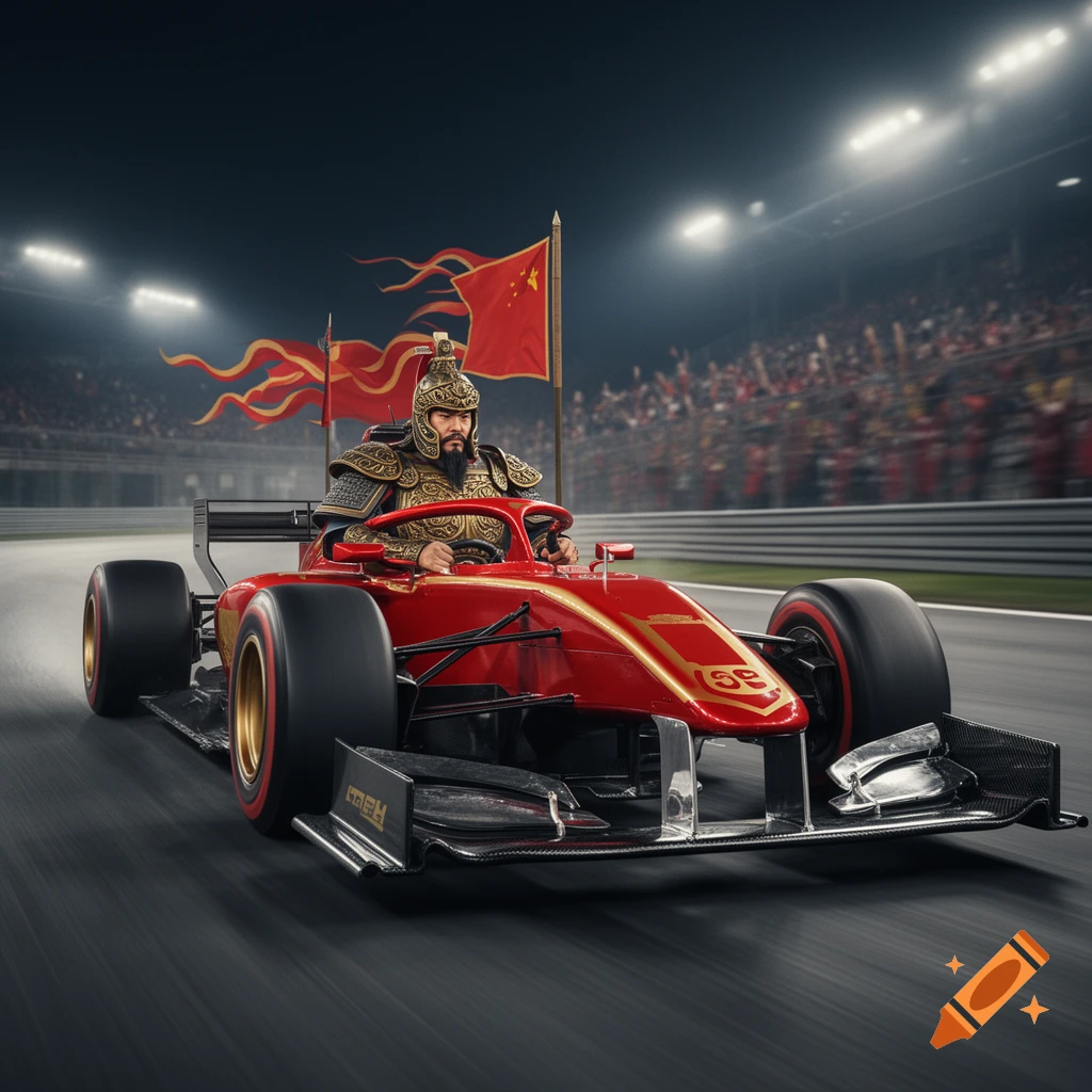 A historical Chinese general in ornate armor drives a red Formula 1 race car on a track at night, with Chinese flags.
